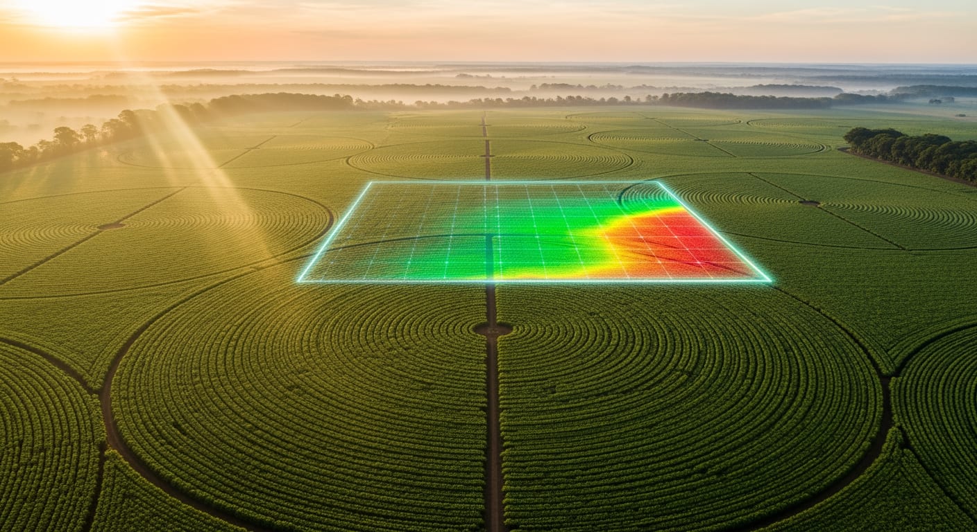 Paisagem rural brasileira ao amanhecer dourado, vista aérea